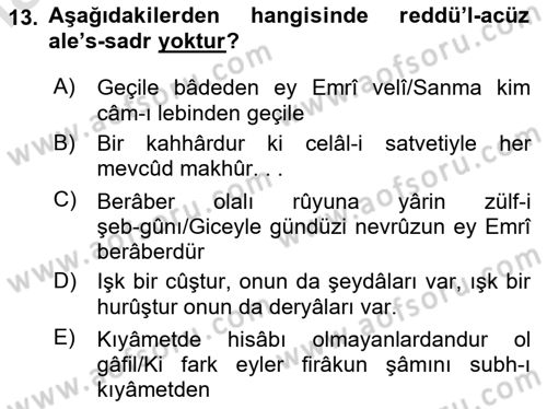 Eski Türk Edebiyatına Giriş: Söz Sanatları Dersi 2020 - 2021 Yılı Yaz Okulu Sınav Soruları 13. Soru
