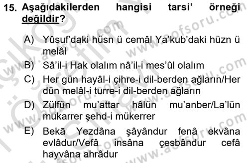 Eski Türk Edebiyatına Giriş: Söz Sanatları Dersi 2020 - 2021 Yılı Yaz Okulu Sınav Soruları 15. Soru