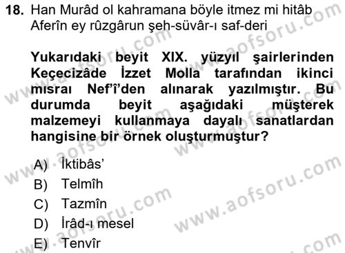 Eski Türk Edebiyatına Giriş: Söz Sanatları Dersi 2020 - 2021 Yılı Yaz Okulu Sınav Soruları 18. Soru