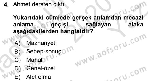 Eski Türk Edebiyatına Giriş: Söz Sanatları Dersi 2020 - 2021 Yılı Yaz Okulu Sınav Soruları 4. Soru