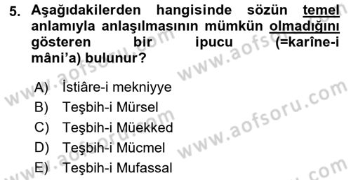 Eski Türk Edebiyatına Giriş: Söz Sanatları Dersi 2020 - 2021 Yılı Yaz Okulu Sınav Soruları 5. Soru