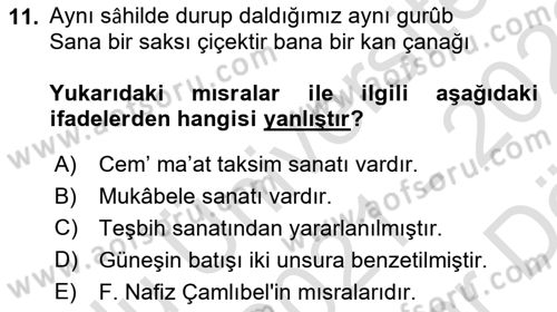 Eski Türk Edebiyatına Giriş: Söz Sanatları Dersi 2021 - 2022 Yılı (Vize) Ara Sınav Soruları 11. Soru
