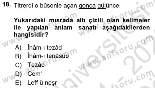 Eski Türk Edebiyatına Giriş: Söz Sanatları Dersi 2021 - 2022 Yılı (Vize) Ara Sınav Soruları 18. Soru
