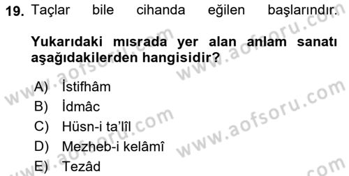 Eski Türk Edebiyatına Giriş: Söz Sanatları Dersi 2021 - 2022 Yılı (Vize) Ara Sınav Soruları 19. Soru