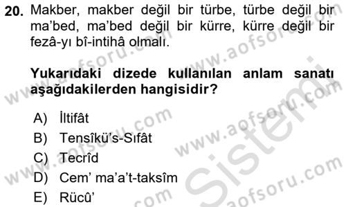 Eski Türk Edebiyatına Giriş: Söz Sanatları Dersi 2021 - 2022 Yılı (Vize) Ara Sınav Soruları 20. Soru