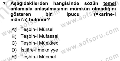 Eski Türk Edebiyatına Giriş: Söz Sanatları Dersi 2021 - 2022 Yılı (Vize) Ara Sınav Soruları 7. Soru