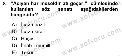 Eski Türk Edebiyatına Giriş: Söz Sanatları Dersi 2021 - 2022 Yılı (Vize) Ara Sınav Soruları 8. Soru