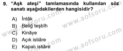 Eski Türk Edebiyatına Giriş: Söz Sanatları Dersi 2021 - 2022 Yılı (Vize) Ara Sınav Soruları 9. Soru