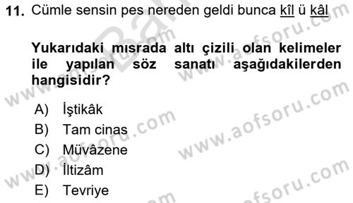 Eski Türk Edebiyatına Giriş: Söz Sanatları Dersi 2021 - 2022 Yılı (Final) Dönem Sonu Sınav Soruları 11. Soru