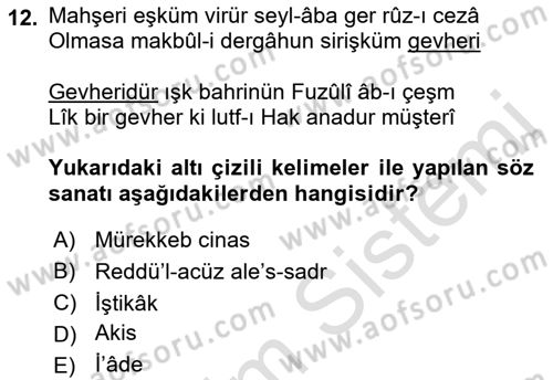 Eski Türk Edebiyatına Giriş: Söz Sanatları Dersi 2021 - 2022 Yılı (Final) Dönem Sonu Sınav Soruları 12. Soru