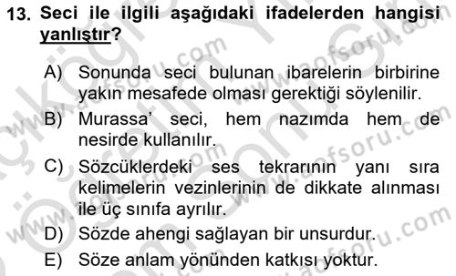 Eski Türk Edebiyatına Giriş: Söz Sanatları Dersi 2021 - 2022 Yılı (Final) Dönem Sonu Sınav Soruları 13. Soru