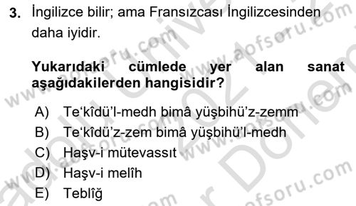 Eski Türk Edebiyatına Giriş: Söz Sanatları Dersi 2021 - 2022 Yılı (Final) Dönem Sonu Sınav Soruları 3. Soru