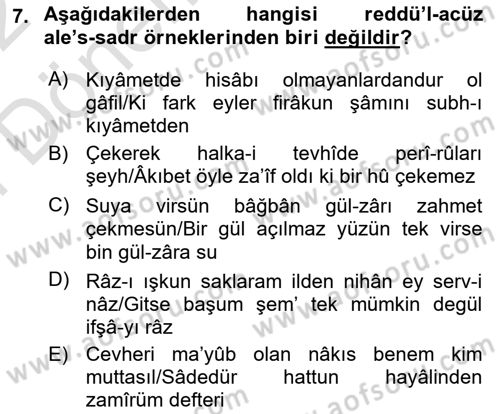 Eski Türk Edebiyatına Giriş: Söz Sanatları Dersi 2021 - 2022 Yılı (Final) Dönem Sonu Sınav Soruları 7. Soru