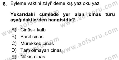 Eski Türk Edebiyatına Giriş: Söz Sanatları Dersi 2021 - 2022 Yılı (Final) Dönem Sonu Sınav Soruları 8. Soru