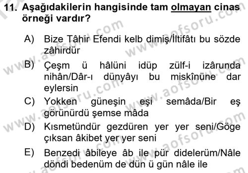 Eski Türk Edebiyatına Giriş: Söz Sanatları Dersi 2021 - 2022 Yılı Yaz Okulu Sınav Soruları 11. Soru