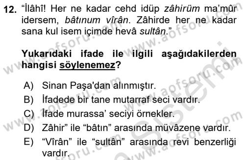 Eski Türk Edebiyatına Giriş: Söz Sanatları Dersi 2021 - 2022 Yılı Yaz Okulu Sınav Soruları 12. Soru