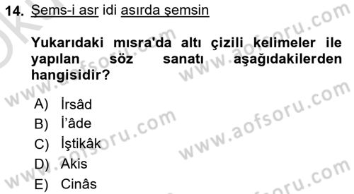 Eski Türk Edebiyatına Giriş: Söz Sanatları Dersi 2021 - 2022 Yılı Yaz Okulu Sınav Soruları 14. Soru