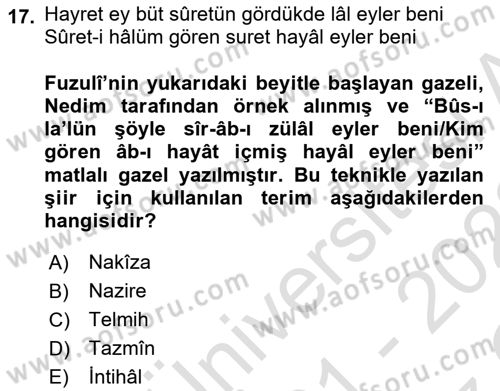 Eski Türk Edebiyatına Giriş: Söz Sanatları Dersi 2021 - 2022 Yılı Yaz Okulu Sınav Soruları 17. Soru