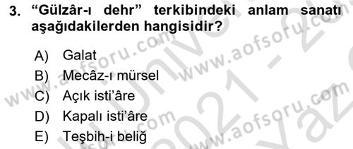 Eski Türk Edebiyatına Giriş: Söz Sanatları Dersi 2021 - 2022 Yılı Yaz Okulu Sınav Soruları 3. Soru