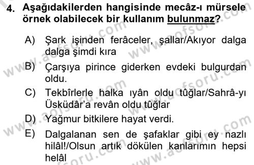 Eski Türk Edebiyatına Giriş: Söz Sanatları Dersi 2021 - 2022 Yılı Yaz Okulu Sınav Soruları 4. Soru