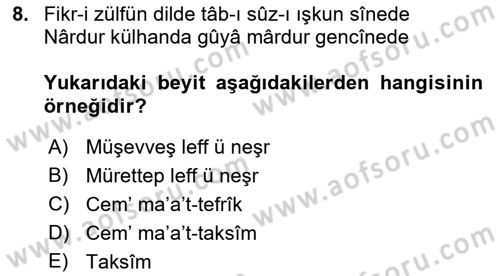 Eski Türk Edebiyatına Giriş: Söz Sanatları Dersi 2021 - 2022 Yılı Yaz Okulu Sınav Soruları 8. Soru