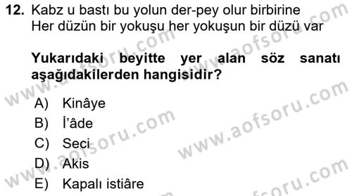 Eski Türk Edebiyatına Giriş: Söz Sanatları Dersi 2022 - 2023 Yılı Yaz Okulu Sınav Soruları 12. Soru