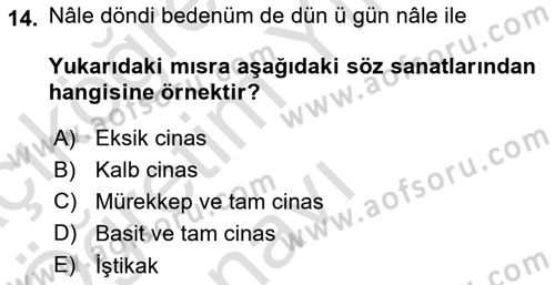 Eski Türk Edebiyatına Giriş: Söz Sanatları Dersi 2022 - 2023 Yılı Yaz Okulu Sınav Soruları 14. Soru