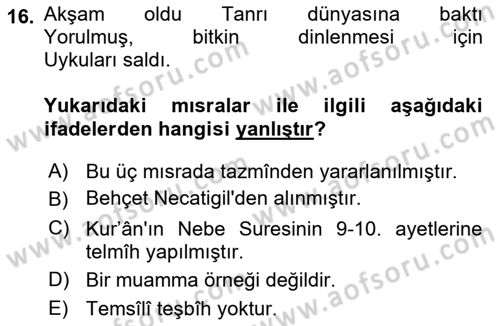 Eski Türk Edebiyatına Giriş: Söz Sanatları Dersi 2022 - 2023 Yılı Yaz Okulu Sınav Soruları 16. Soru