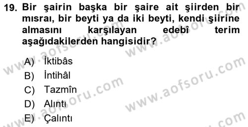 Eski Türk Edebiyatına Giriş: Söz Sanatları Dersi 2022 - 2023 Yılı Yaz Okulu Sınav Soruları 19. Soru