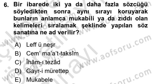 Eski Türk Edebiyatına Giriş: Söz Sanatları Dersi 2022 - 2023 Yılı Yaz Okulu Sınav Soruları 6. Soru