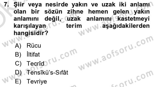 Eski Türk Edebiyatına Giriş: Söz Sanatları Dersi 2022 - 2023 Yılı Yaz Okulu Sınav Soruları 7. Soru
