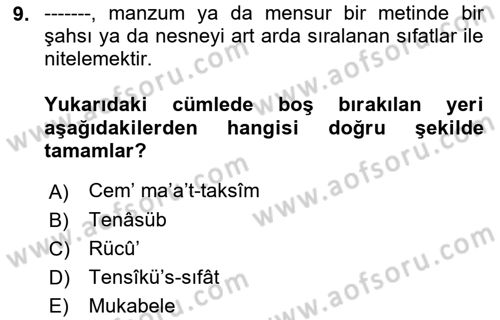 Eski Türk Edebiyatına Giriş: Söz Sanatları Dersi 2022 - 2023 Yılı Yaz Okulu Sınav Soruları 9. Soru