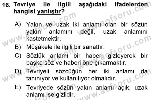 Eski Türk Edebiyatına Giriş: Söz Sanatları Dersi 2023 - 2024 Yılı (Vize) Ara Sınav Soruları 16. Soru