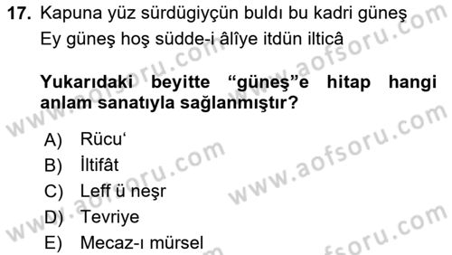 Eski Türk Edebiyatına Giriş: Söz Sanatları Dersi 2023 - 2024 Yılı (Vize) Ara Sınav Soruları 17. Soru