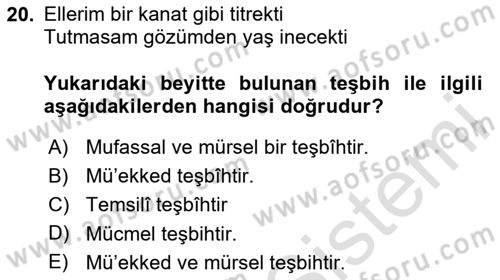 Eski Türk Edebiyatına Giriş: Söz Sanatları Dersi 2023 - 2024 Yılı (Vize) Ara Sınav Soruları 20. Soru