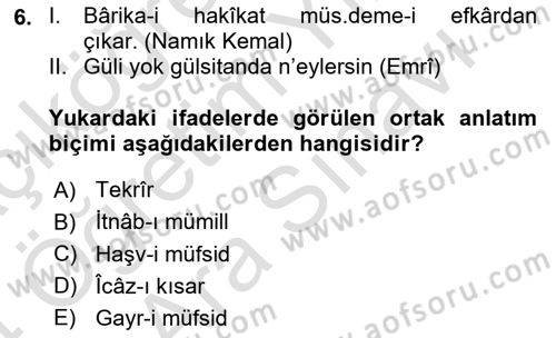 Eski Türk Edebiyatına Giriş: Söz Sanatları Dersi 2023 - 2024 Yılı (Vize) Ara Sınav Soruları 6. Soru