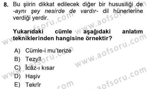 Eski Türk Edebiyatına Giriş: Söz Sanatları Dersi 2023 - 2024 Yılı (Vize) Ara Sınav Soruları 8. Soru