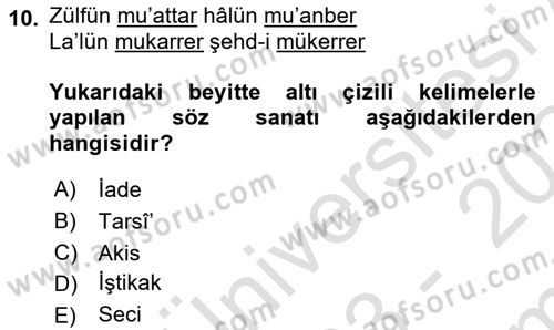 Eski Türk Edebiyatına Giriş: Söz Sanatları Dersi 2023 - 2024 Yılı (Final) Dönem Sonu Sınav Soruları 10. Soru