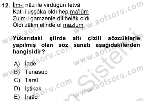 Eski Türk Edebiyatına Giriş: Söz Sanatları Dersi 2023 - 2024 Yılı (Final) Dönem Sonu Sınav Soruları 12. Soru