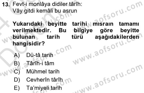 Eski Türk Edebiyatına Giriş: Söz Sanatları Dersi 2023 - 2024 Yılı (Final) Dönem Sonu Sınav Soruları 13. Soru