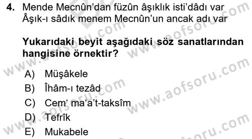 Eski Türk Edebiyatına Giriş: Söz Sanatları Dersi 2023 - 2024 Yılı (Final) Dönem Sonu Sınav Soruları 4. Soru