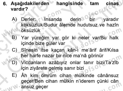 Eski Türk Edebiyatına Giriş: Söz Sanatları Dersi 2023 - 2024 Yılı (Final) Dönem Sonu Sınav Soruları 6. Soru