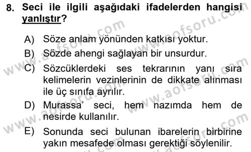 Eski Türk Edebiyatına Giriş: Söz Sanatları Dersi 2023 - 2024 Yılı (Final) Dönem Sonu Sınav Soruları 8. Soru