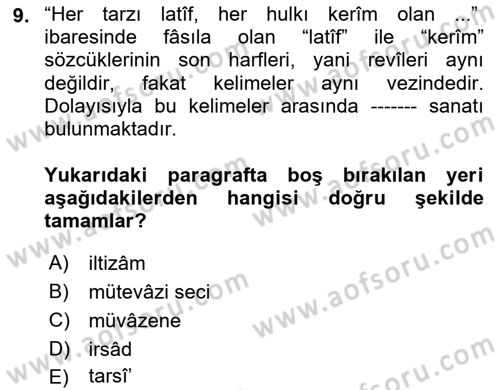 Eski Türk Edebiyatına Giriş: Söz Sanatları Dersi 2023 - 2024 Yılı (Final) Dönem Sonu Sınav Soruları 9. Soru