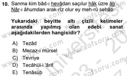 Eski Türk Edebiyatına Giriş: Söz Sanatları Dersi 2023 - 2024 Yılı Yaz Okulu Sınav Soruları 10. Soru