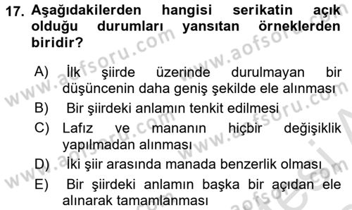 Eski Türk Edebiyatına Giriş: Söz Sanatları Dersi 2023 - 2024 Yılı Yaz Okulu Sınav Soruları 17. Soru
