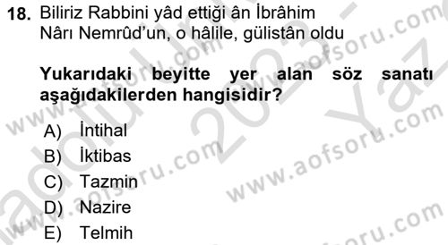Eski Türk Edebiyatına Giriş: Söz Sanatları Dersi 2023 - 2024 Yılı Yaz Okulu Sınav Soruları 18. Soru