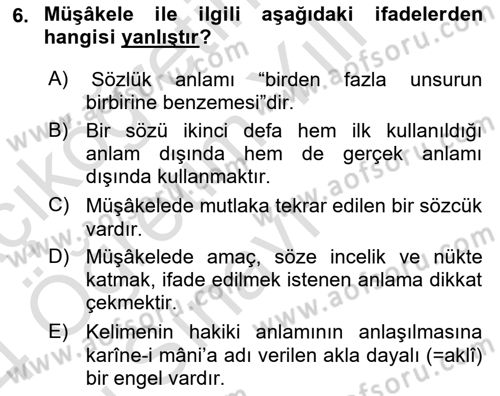 Eski Türk Edebiyatına Giriş: Söz Sanatları Dersi 2023 - 2024 Yılı Yaz Okulu Sınav Soruları 6. Soru