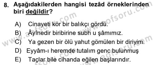 Eski Türk Edebiyatına Giriş: Söz Sanatları Dersi 2023 - 2024 Yılı Yaz Okulu Sınav Soruları 8. Soru