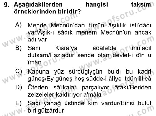 Eski Türk Edebiyatına Giriş: Söz Sanatları Dersi 2023 - 2024 Yılı Yaz Okulu Sınav Soruları 9. Soru